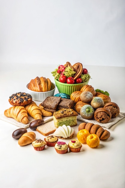 een verscheidenheid aan gebak, waaronder een met een mandje met fruit erop