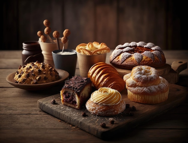 Een verscheidenheid aan gebakjes op een tafel met een kopje koffie.