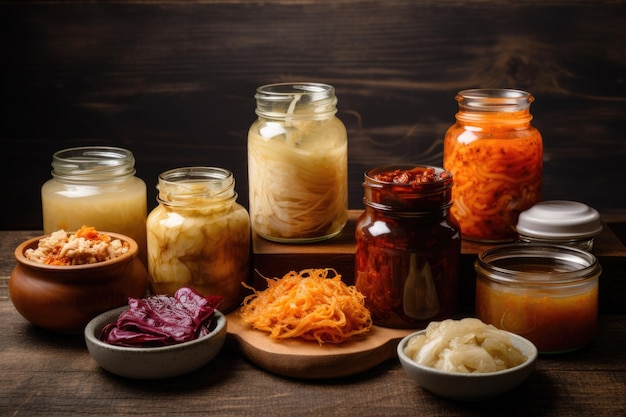 Een verscheidenheid aan gefermenteerde voedingsmiddelen, waaronder zuurkool, kimchi en miso gemaakt met generatieve ai