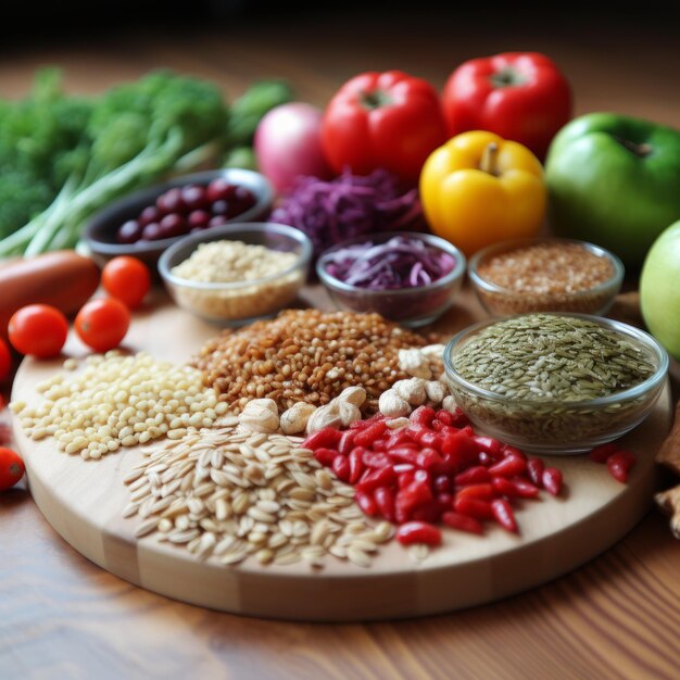 Een verscheidenheid aan gezonde voedingsmiddelen is op een houten tafel gerangschikt