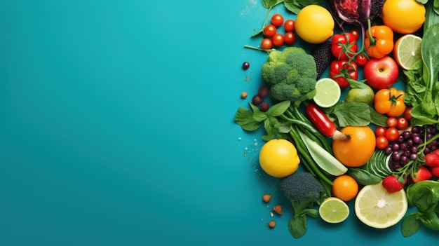 Een verscheidenheid aan groenten en fruit op een blauwe achtergrond