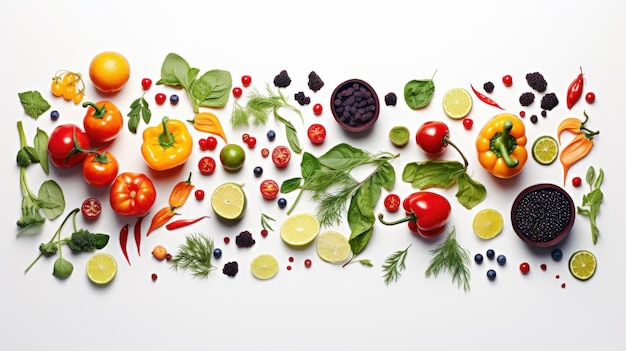 Een verscheidenheid aan groenten en fruit op een wit oppervlak