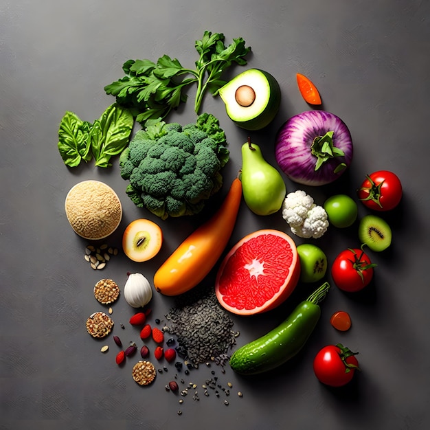 Een verscheidenheid aan groenten en fruit, waaronder een broccoli, ei, avocado en ander fruit.
