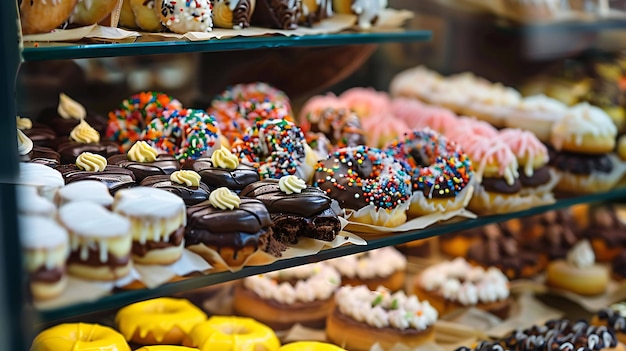 Een verscheidenheid aan heerlijke donuts worden tentoongesteld in een bakkerij koffer de donuts zijn bekroond met verschillende soorten glazuur en sprinkles
