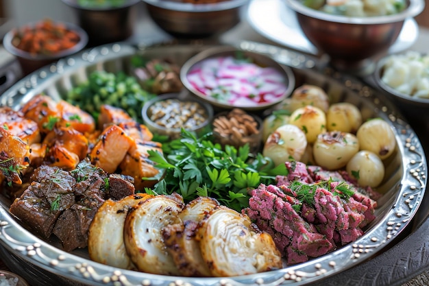 Een verscheidenheid aan heerlijke gegrilde vleesplaten met kruiden, specerijen en groenten op een tafel voor gourmets