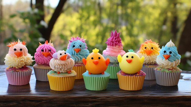 Foto een verscheidenheid aan kleurrijke cupcakes staan op een tafel de cupcakes zijn versierd met verschillende gekleurde glazuren en hebben verschillende vormen