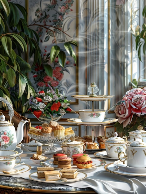 Een verscheidenheid aan kleurrijke desserts verspreid over een tafel met een witte tafeldoek bovenop