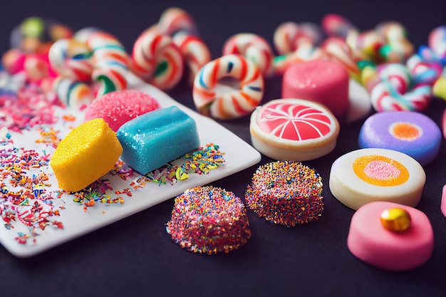 Een verscheidenheid aan kleurrijke kinderfeestjes en snoepjes op tafel