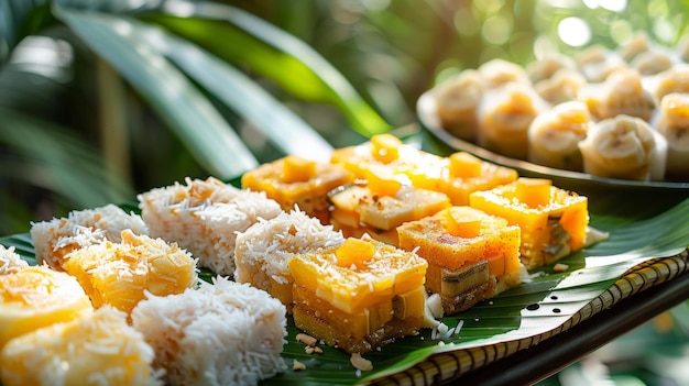 Een verscheidenheid aan kleurrijke traditionele Thaise desserts op bamboeplaten met tropisch gebladerte op de achterkant