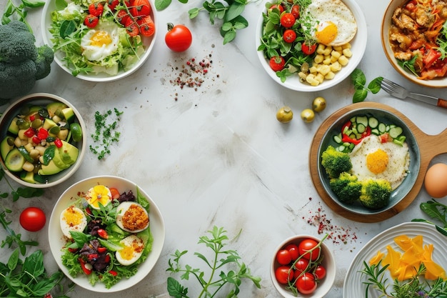 Een verscheidenheid aan levendige vegetarische gerechten, verspreid op een tafel, met verse groene granen en peulvruchten voor gezond eten