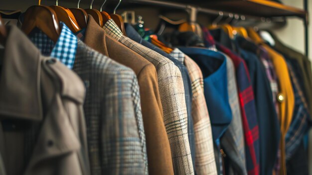 Een verscheidenheid aan mannenpakjes hangt aan een kledingrek in een winkel.