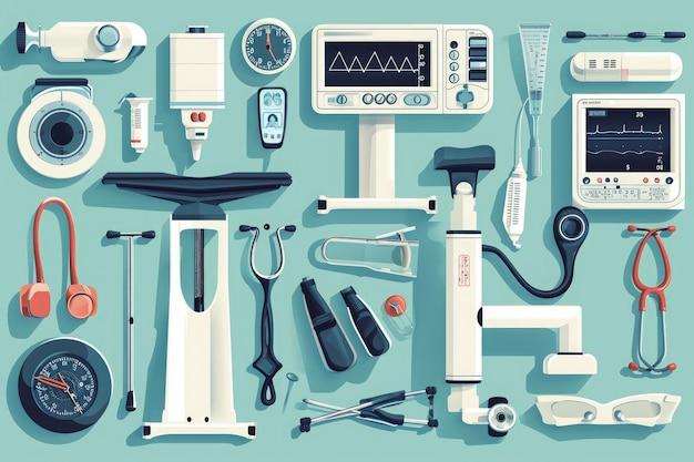 Foto een verscheidenheid aan medische apparaten, waaronder monitors, spuiten en stethoscopen, zijn gerangschikt in een cirkelvormige formatie illustratie van verschillende medische apparatuur
