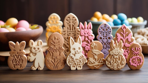 Een verscheidenheid aan paaskoekjes staan op een houten tafel de koekjes zijn in de vorm van konijnen eieren en bloemen