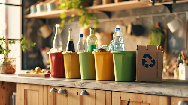 Foto een verscheidenheid aan recyclingbakken liggen op een keukentafel. de bakken zijn rood, geel, groen en blauw.