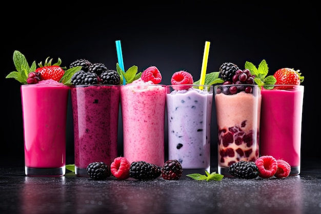 Een verscheidenheid aan roze bessen-smoothies en milkshakes wordt weergegeven op een grijze achtergrond met een wazige achtergrond