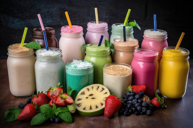 Een verscheidenheid aan smoothies en shakes, elk in zijn eigen unieke smaak gemaakt met generatieve AI