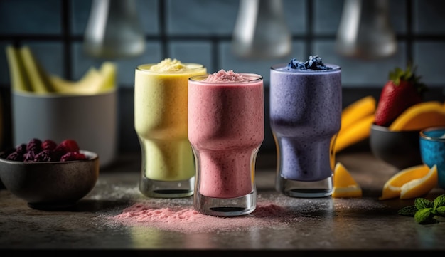 Een verscheidenheid aan smoothies op een tafel met een die 'melk' zegt