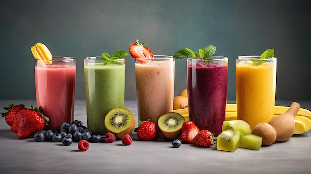 Een verscheidenheid aan smoothies staat op een rij.