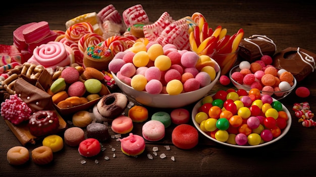 Foto een verscheidenheid aan snoep en snoep ligt op een tafel.
