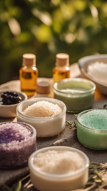 Foto een verscheidenheid aan spa-producten, waaronder een bodyscrub, badzout en andere badproducten.