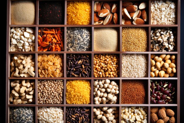 Een verscheidenheid aan verschillende soorten bonen en granen Set onmisbare bronnen van eiwitten voor een gezonde levensstijl Closeup View from above