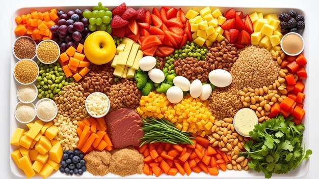 Foto een verscheidenheid aan voedingsmiddelen, waaronder bonen, rijst, noten en noten.