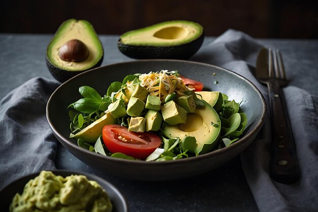 Foto een verscheidenheid aan voedingsmiddelen, waaronder een salade avocado en avocado