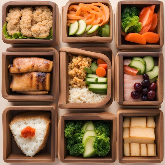 Foto een verscheidenheid aan voedingsmiddelen, waaronder rijst, vlees en groenten