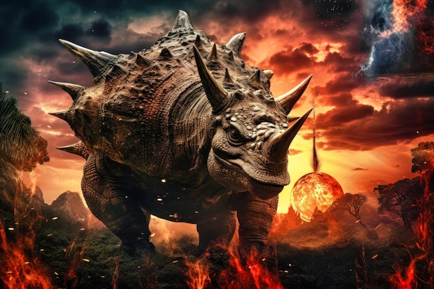 Een verschrikkelijke dinosaurus Triceratops met een open enorme mond tegen een achtergrond van vuur en rook in de brandende oerwoud dood van de dinosaurussen