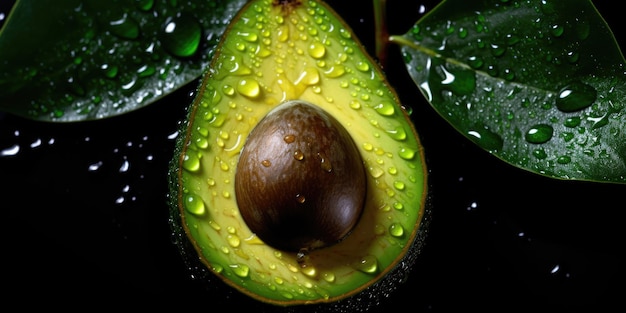 Een verse avocado met waterdruppels op een zwarte achtergrond gefotografeerd van boven