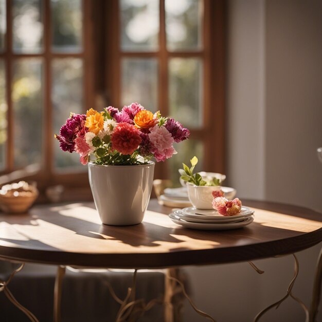 Een verse bloem in kleur vol bloempot op een houten plank tegen het raam