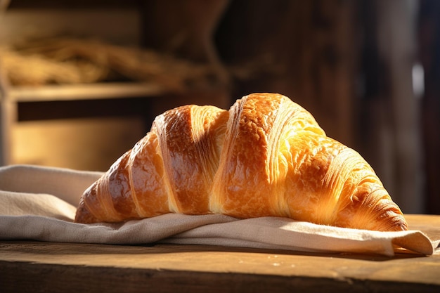 Een verse croissant op een rustieke houten tafel met ochtendlicht