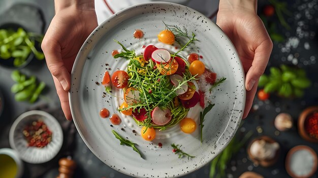 Foto een verse gourmet salade gepresenteerd in een moderne keramische schotel bovenbeeld van een artistieke bekleding gevangen onder perfecte verlichting culinaire kunst voor liefhebbers van een gezonde levensstijl ai