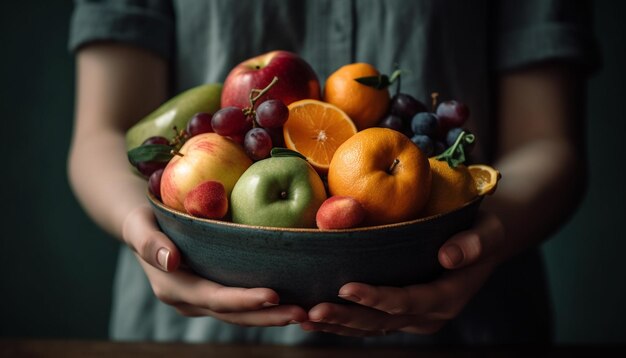 Een verse, rijpe appel die wordt vastgehouden door een vrouw in de natuur, gegenereerd door AI