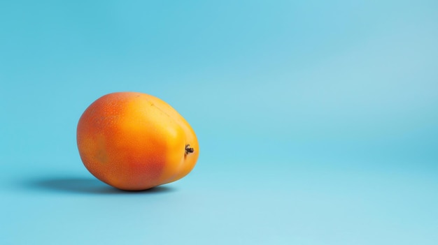 Een verse rijpe mango geïsoleerd op een blauwe achtergrond De mango is perfect rijp en klaar om gegeten te worden