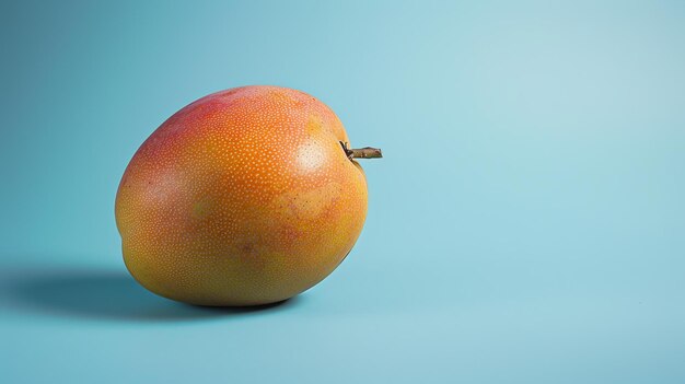 Foto een verse rijpe mango geïsoleerd op een blauwe achtergrond de mango is perfect rond en heeft een gladde vlekkeloze huid