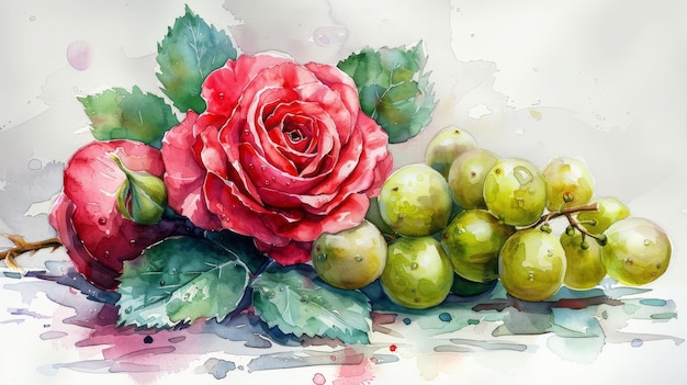 Een verse roos en een groene druif met een blad