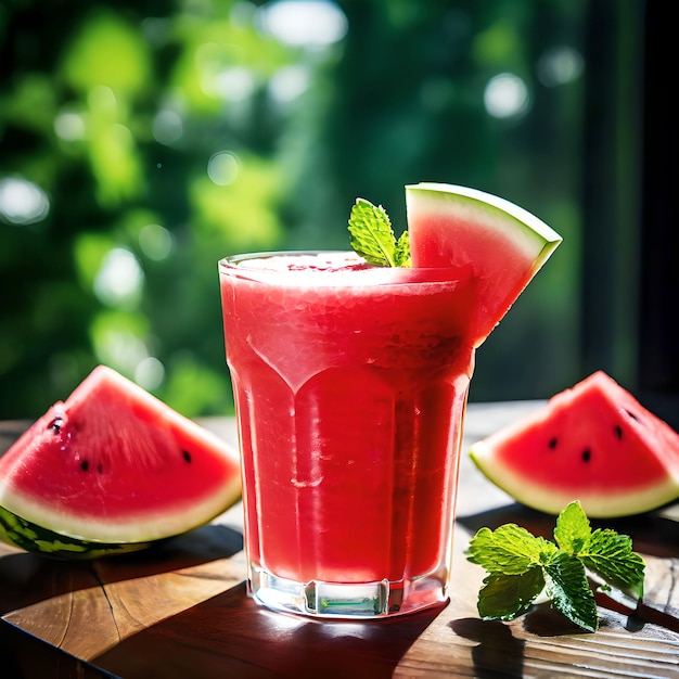 een verse watermeloen met watermeloon in een glas water ai gegenereerd