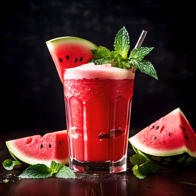 een verse watermeloen met watermeloon in een glas water ai gegenereerd