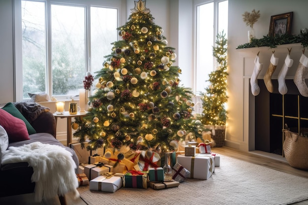 Een versierde boom omringd door geschenken en cadeautjes in een woonkamer