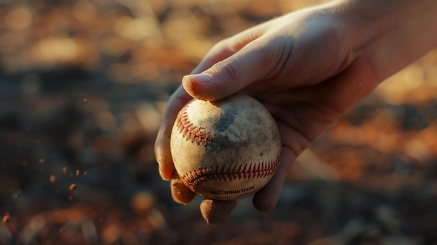 Een versleten honkbal vastgehouden in een hand vuil vliegen rond benadrukt door de warme gloed van de zonsondergang in t