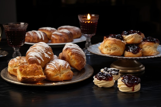 Een verspreiding van chanoeka-gebakjes sufganiyots rugelach babka