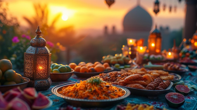 Een verspreiding van de Indiase keuken met de Taj Mahal op de achtergrond tijdens een warme zonsondergang