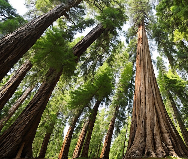 Een verticaal schot van een enorm redwood-bos op een zonnige dag