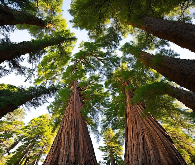 Een verticaal schot van een enorm redwood-bos op een zonnige dag