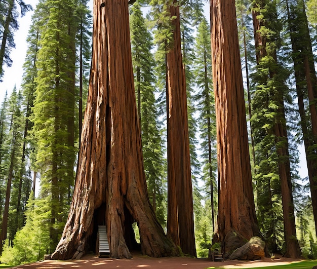 Een verticaal schot van een enorm redwood-bos op een zonnige dag