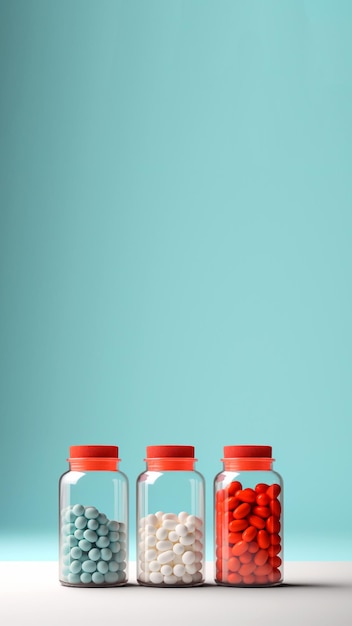 Foto een verticale compositie met medicijnflessen en pillen op een blauwe achtergrond geschikt voor ontwerpen met farmaceutische thema's