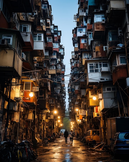 Een verticale foto van een appartementengebouw Een paar mensen die langs een straat lopen naast hoge gebouwen