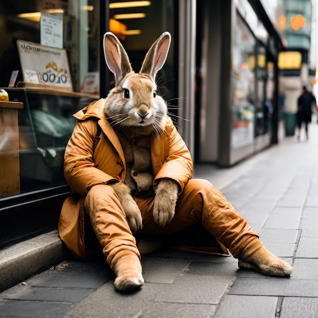 een verticale opname van een schattig konijn in de straten een vertikale opname of een schattige konijn op de straat