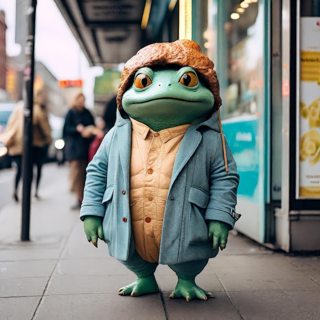 Foto een verticale opname van een schattige kikker in een blauw pak en een witte jas met een groene achtergrond vertic